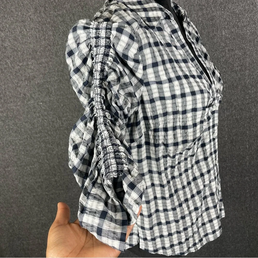 Veronica Beard Navy and White Plaid Ruched -Sleeve Blouse